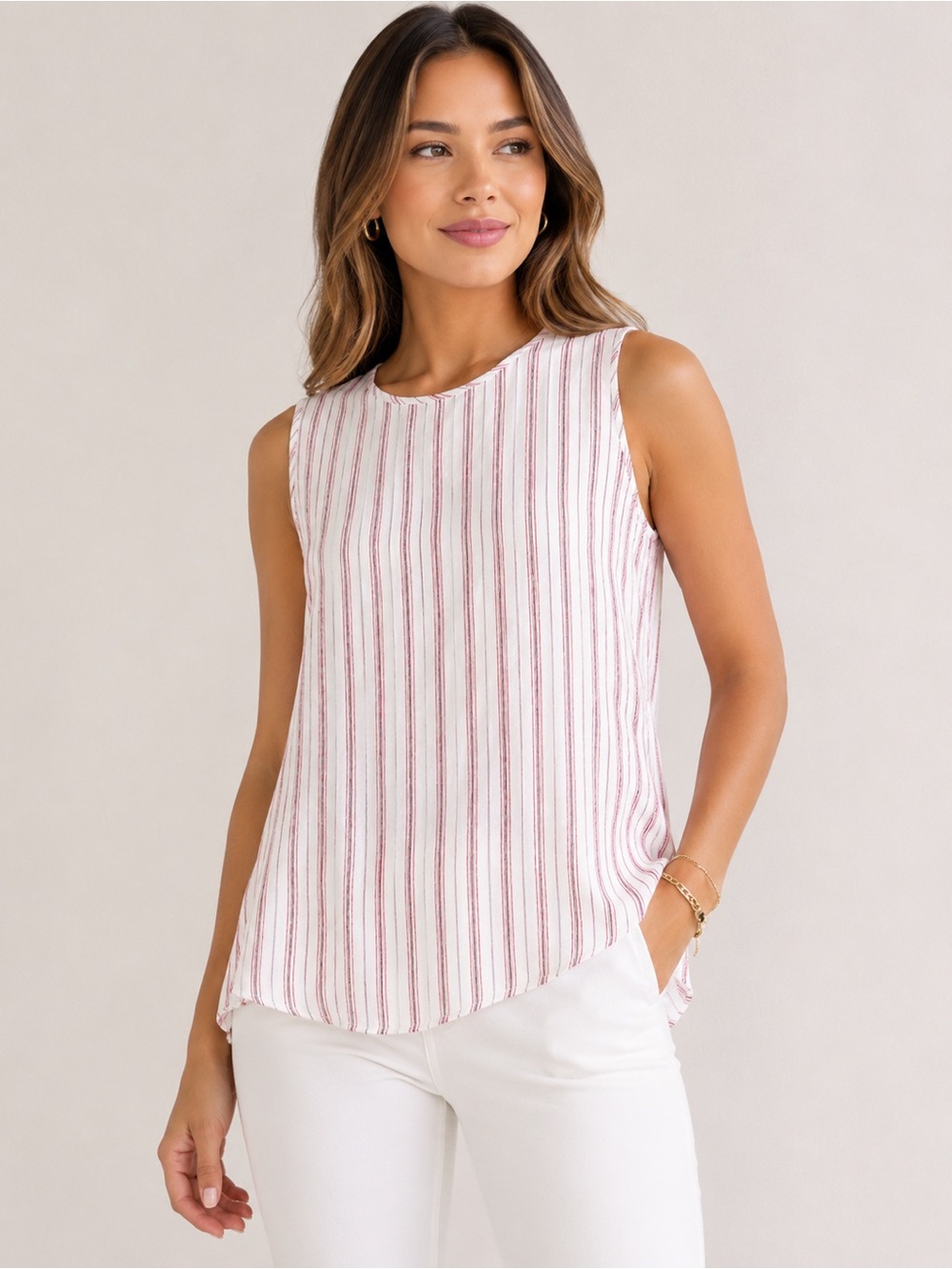 BCBGMaxAzria White Sleeveless Camisole with Pink Stripes Size M Coastal summer